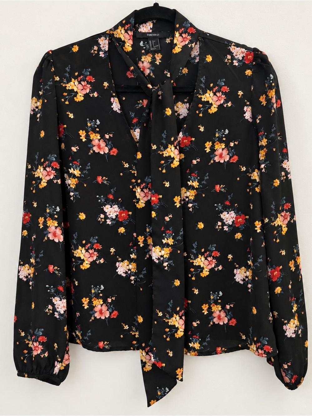 Forever 21 Black Floral Tie-Front Blouse